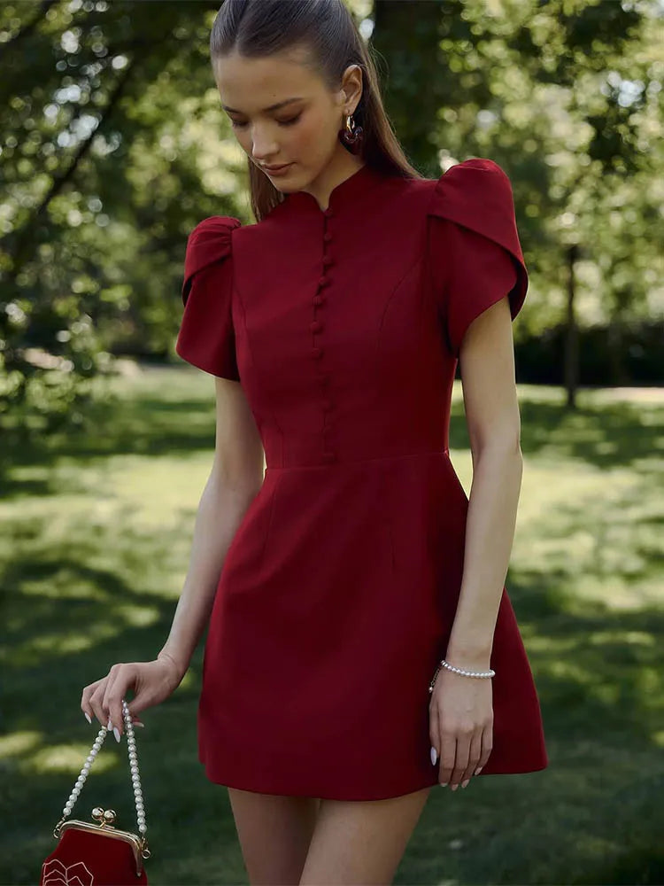 Trendix Button Patchwork Elegant Dress For Women Fashion Pleated Short Sleeve Short Dresses Femme Office Commuter A-Line Dress
