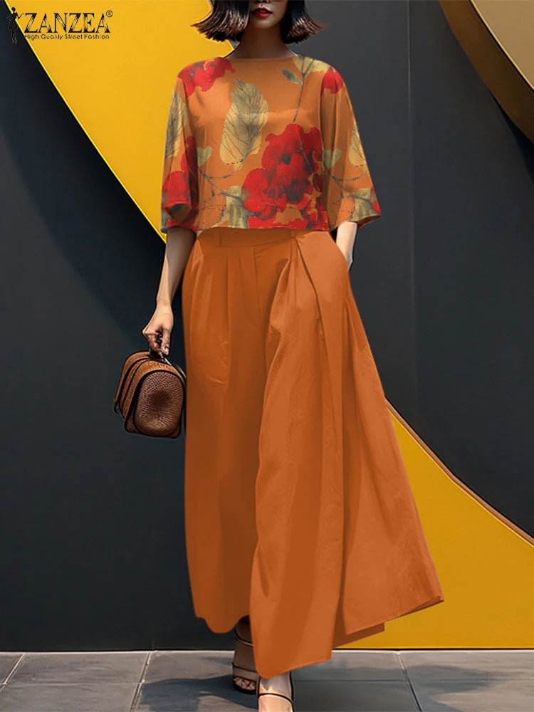 2025 ZANZEA Summer Pant Sets Fashion 2PCS Women Matching Sets O Neck 3/4 Sleeve Blouse Wide Leg Trousers Suit Casual Outfits