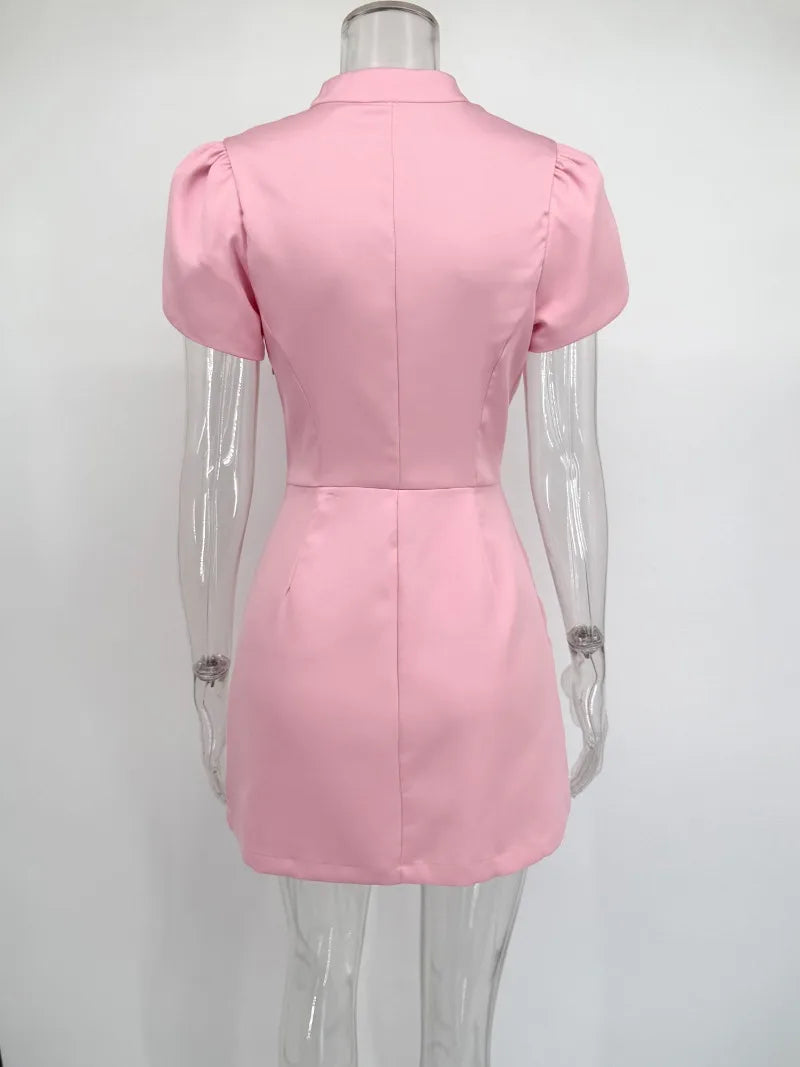 Trendix Button Patchwork Elegant Dress For Women Fashion Pleated Short Sleeve Short Dresses Femme Office Commuter A-Line Dress