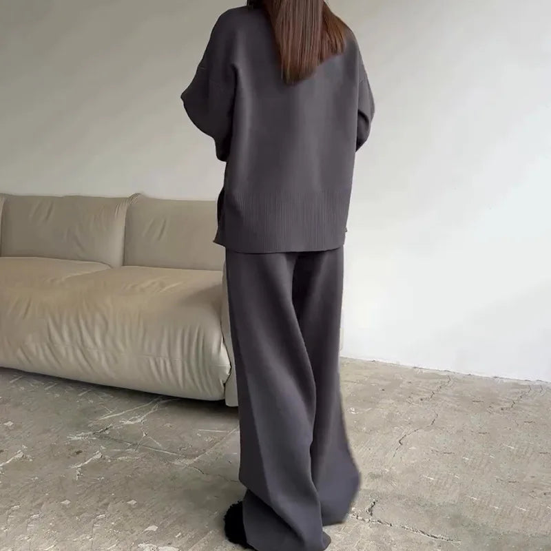 2025 Solid Color Knitted Sweater Two Piece Set Women Fashion Loose O Neck Knitting Pullover Trousers Sets Female Simple Style