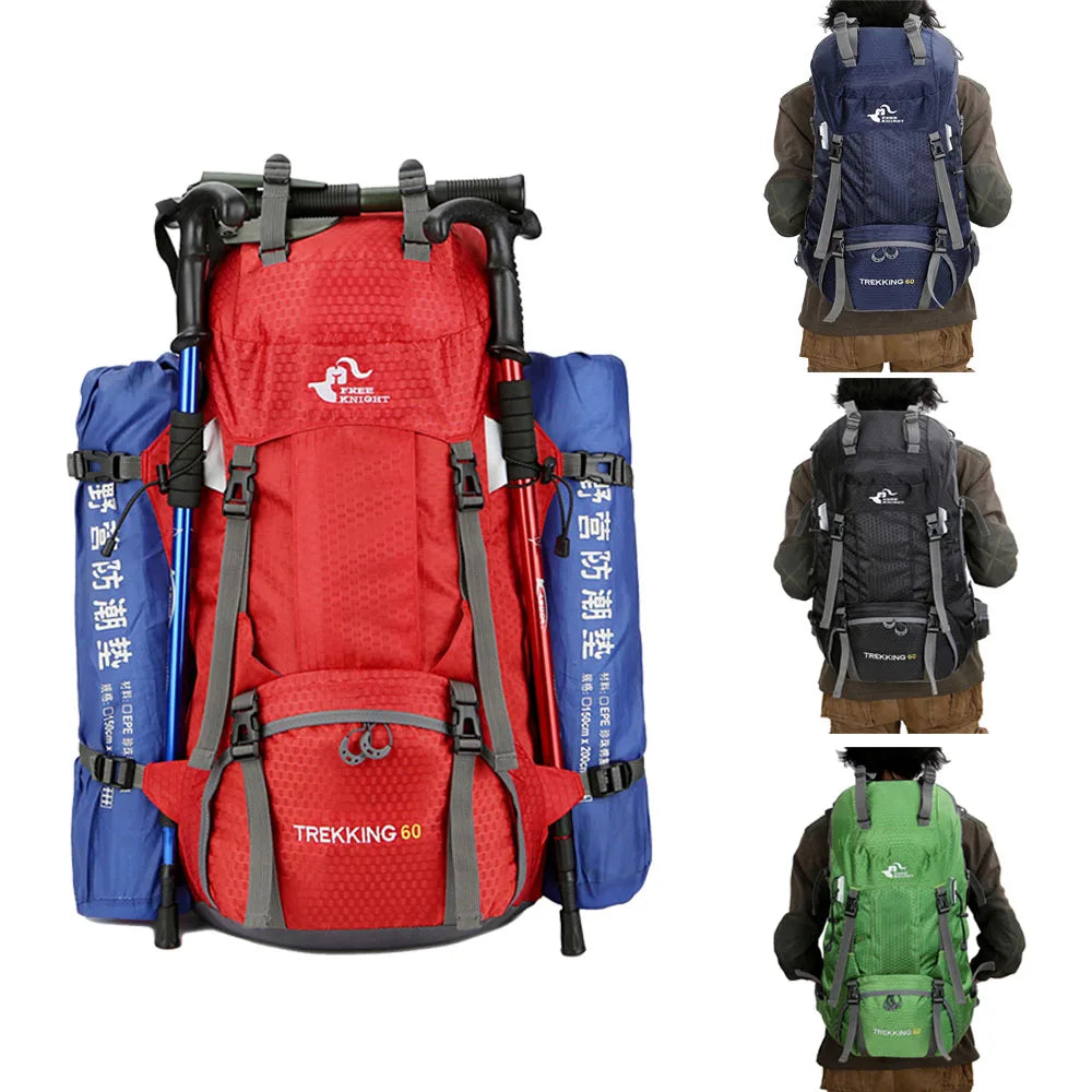 60L Camping Hiking Backpacks Men Outdoor Tourist Backpacks Nylon Sport Bag for Climbing Travelling with Rain Cover Free Knight