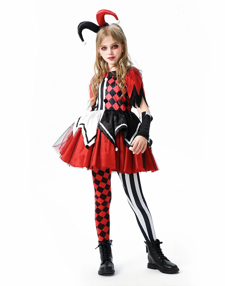 Naughty Girls Clown Costume Kids Circus Scary Tutu Dress Halloween Cosplay Costumes Carnival Party Jester Dress Up Full Set