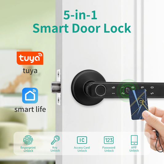 Tuya 5-in-1 Door Lock Smart Home Products Fingerprint Locks	Remote Control App Unlock Support Password IC Card Key Unlock