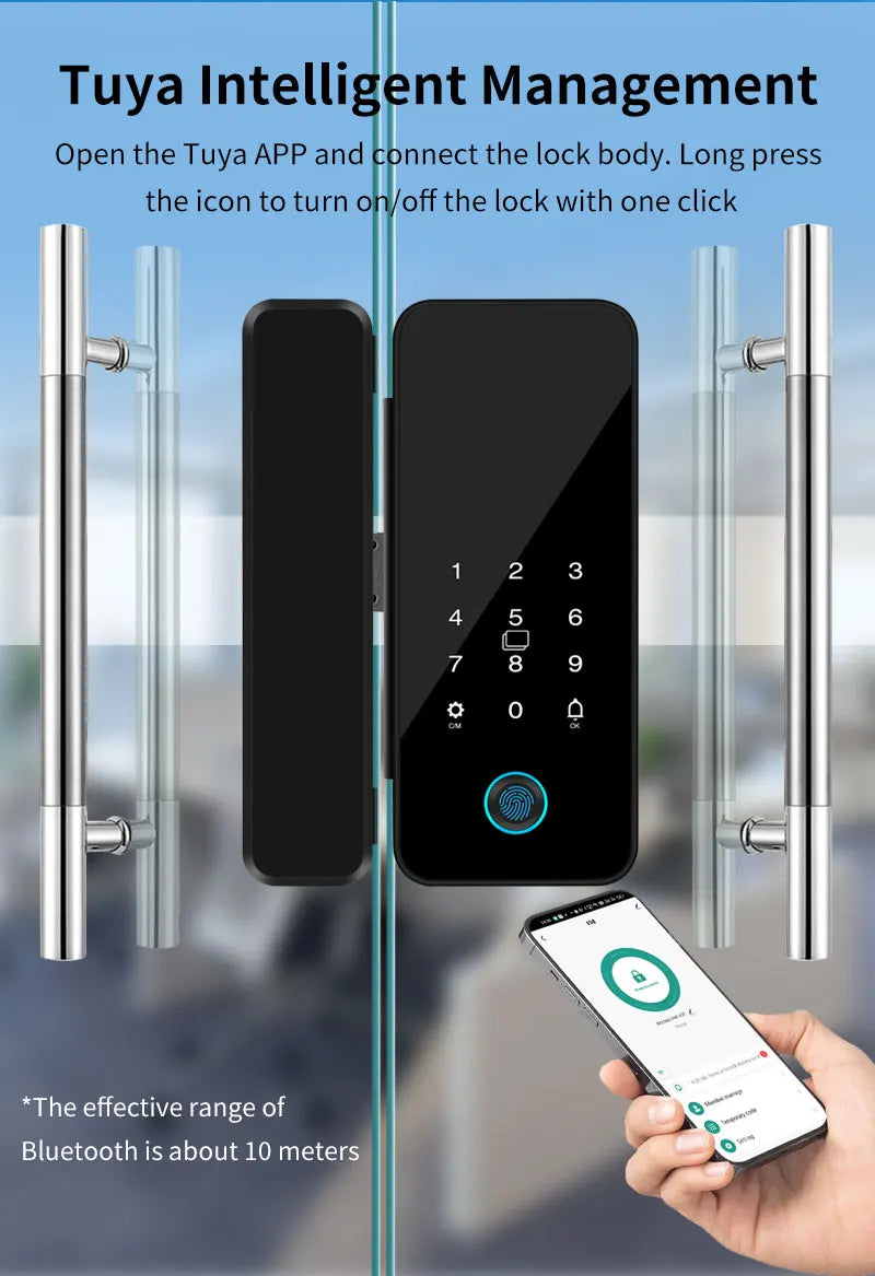 Tuya APP Glass Door Fingerprint Lock Bluetooth Smart Biometric Electronic Office Glass Door Lock 13.56Mhz RFID IC Keyless Unlock