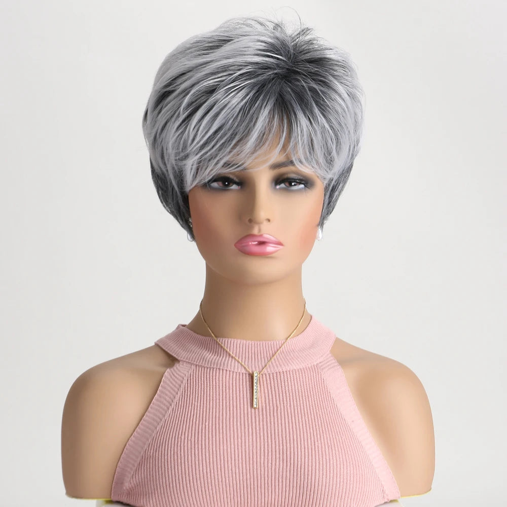 Short Natural Wigs with Bangs Soft Mommy Hair Daily Use Short Grey Ombre Curly Synthetic Hair Costume Party Wig for Women