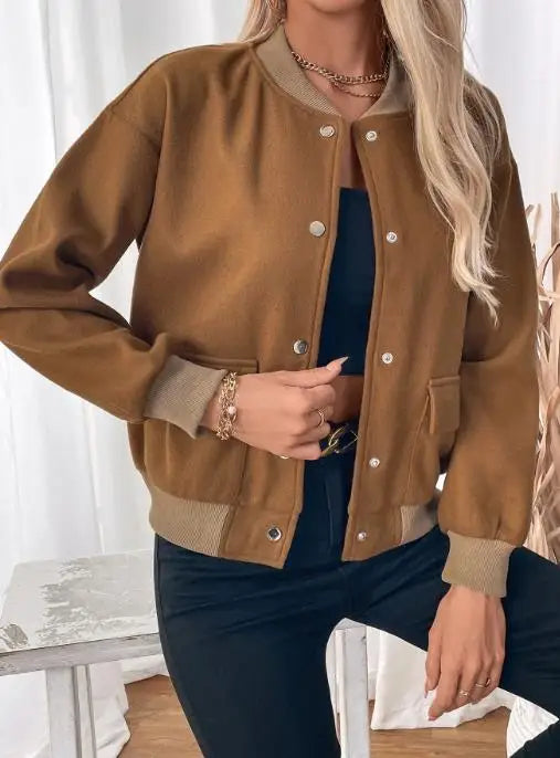 Women's Jacket Autumn Winter New Solid Color Baseball Collar Long Sleeve Casual Pocket Design Single-Breasted Daily Jacket