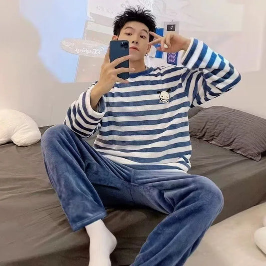 Autumn Winter Oversized Cartoon Print Pajamas for Men Letter Crew Neck New 2025 Men's Pajamas Set Fashion Soft Casual Homewear