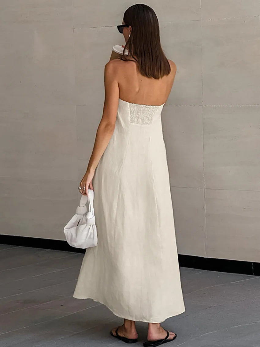 Minimalist Cotton Linen Design Strapless Dress Summer Women's Personal Street Elastic Backless Pocket Vacation Beach Dress
