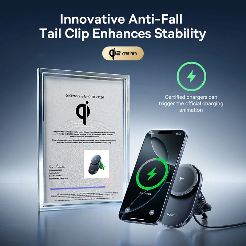 Baseus Qi2 15W Car Magnetic Wireless Charger For iPhone 16 15 14 Fast Charging For Samsung Xiaomi Car Phone Holder Cooling Fan