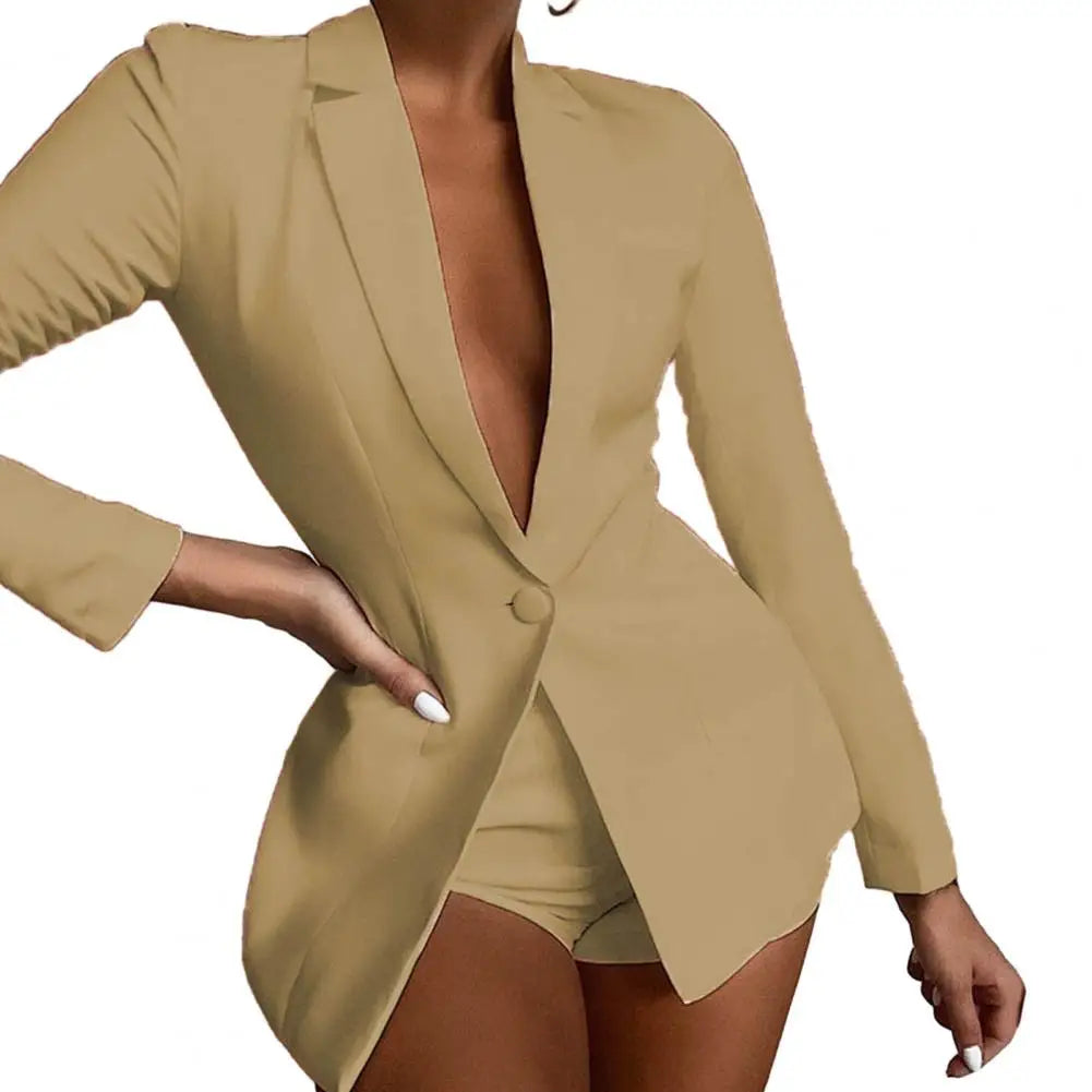 Women Suit Coat Single Button Lapel Deep V Neck Solid Color Formal Business OL Commute Lady Coat Jacket Slim Fit Blazer