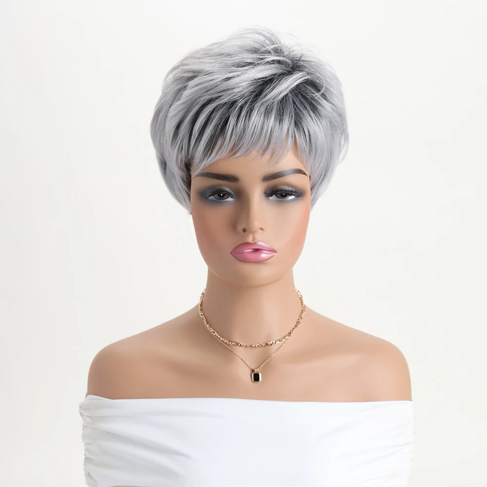 Short Natural Wigs with Bangs Soft Mommy Hair Daily Use Short Grey Ombre Curly Synthetic Hair Costume Party Wig for Women