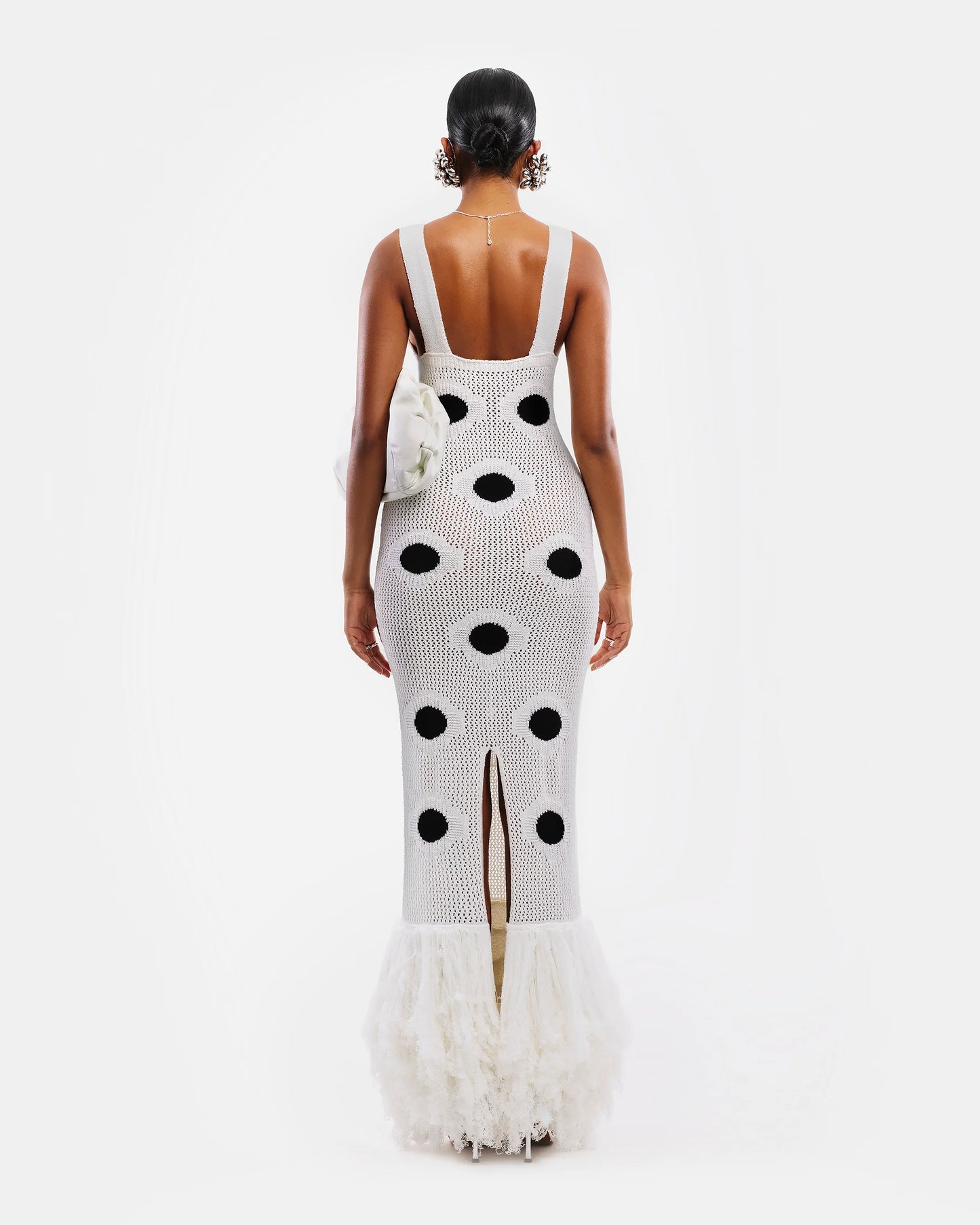 Designed Polka Dot Knitted Long Dress V Neck Hollow Out Fringe Hem Dresses 2025 Summer New Women's Elegant Party Evening Gown