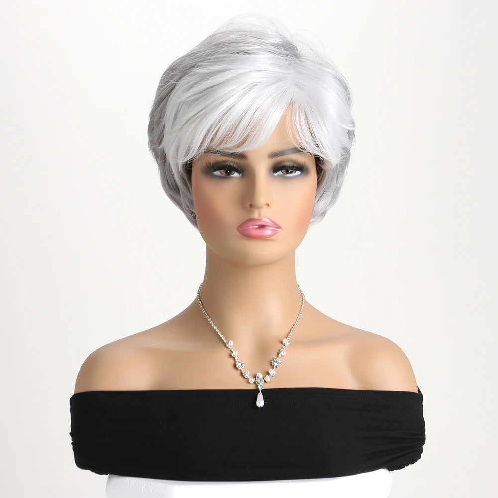 Short Natural Wigs with Bangs Soft Mommy Hair Daily Use Short Grey Ombre Curly Synthetic Hair Costume Party Wig for Women