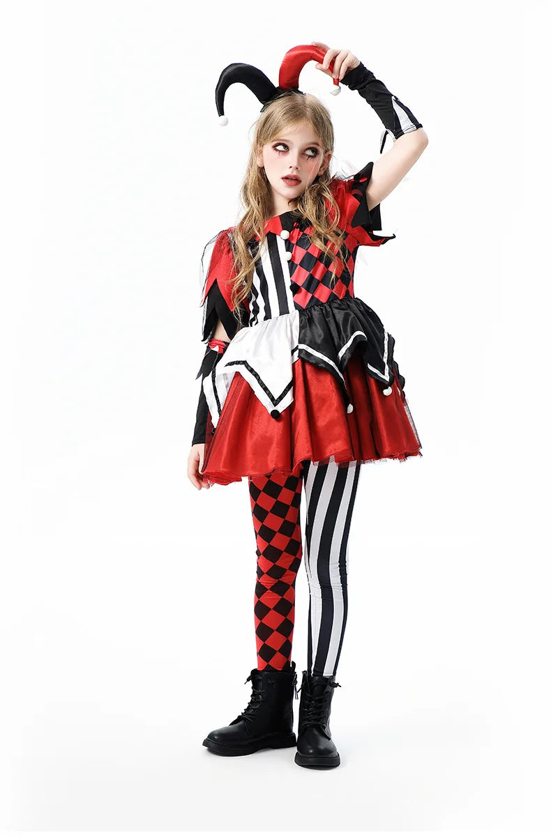 Naughty Girls Clown Costume Kids Circus Scary Tutu Dress Halloween Cosplay Costumes Carnival Party Jester Dress Up Full Set