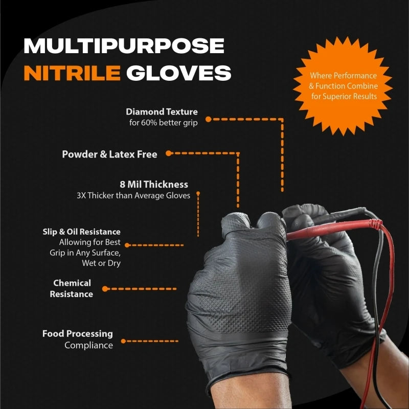 10/30/50PCS Heavy Duty Black Nitrile Gloves Disposable 8mil Industrial Raised Diamond Texture Gloves Mechanic Safety Work Gloves
