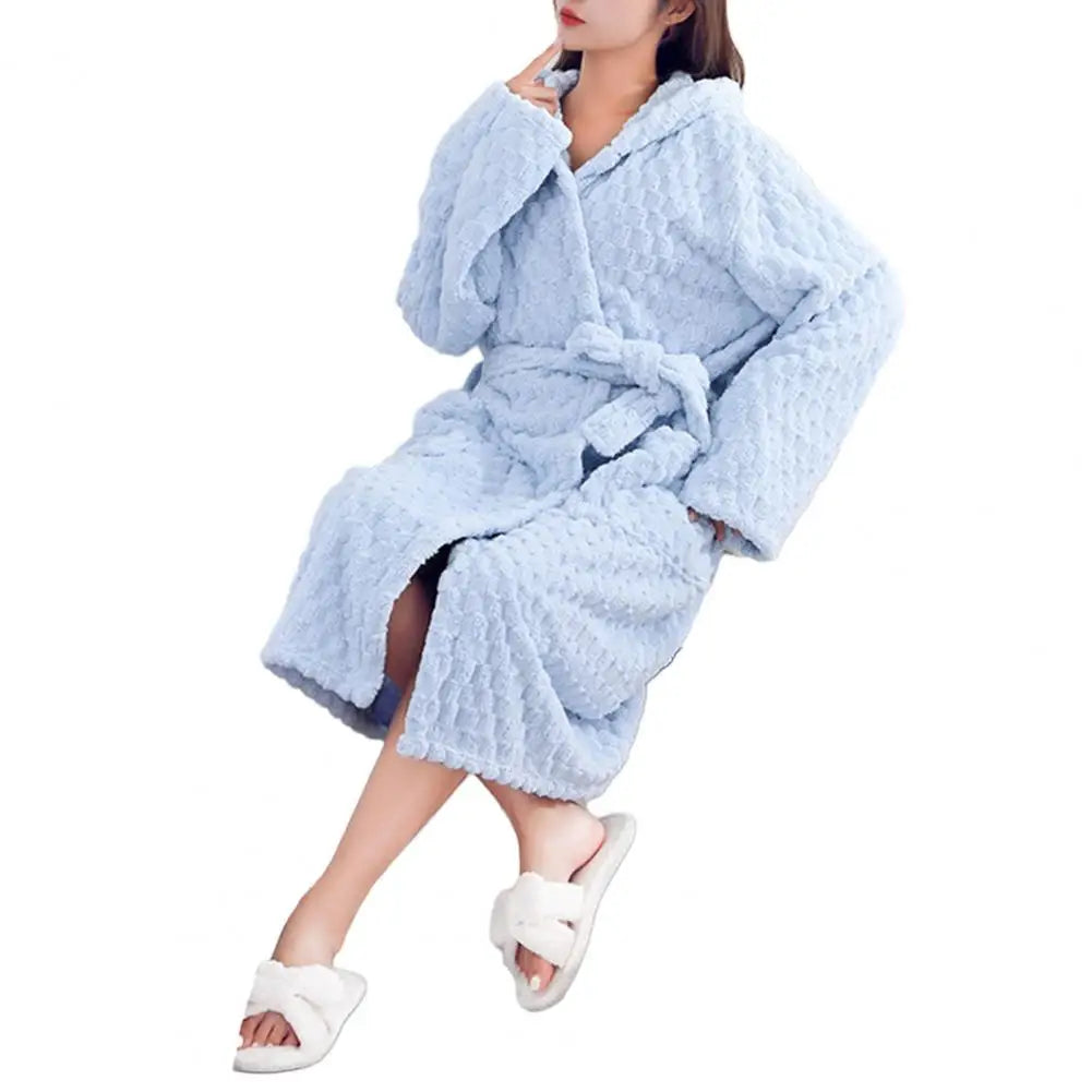 Thicken Fuzzy Robes Bathrobe Long Women Cute Ear Warm Hooded Robe Coral Fleece Kimono Bath Robe Dressing Gown Velvet Sleepwear