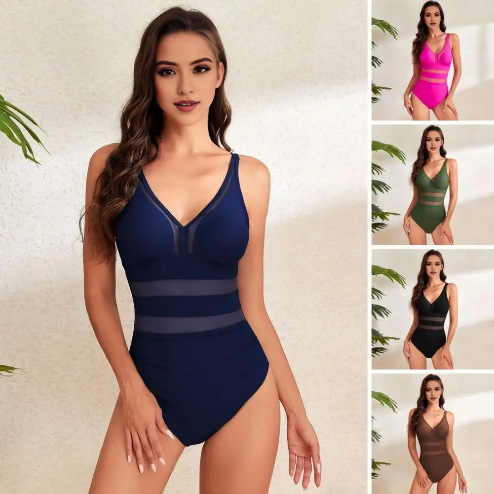 Hollow Mesh Splicing Monokini Swimsuit Stylish Women's Mesh Splicing One-piece Swimsuit Tummy Control V-neck Monokinis Beachwear