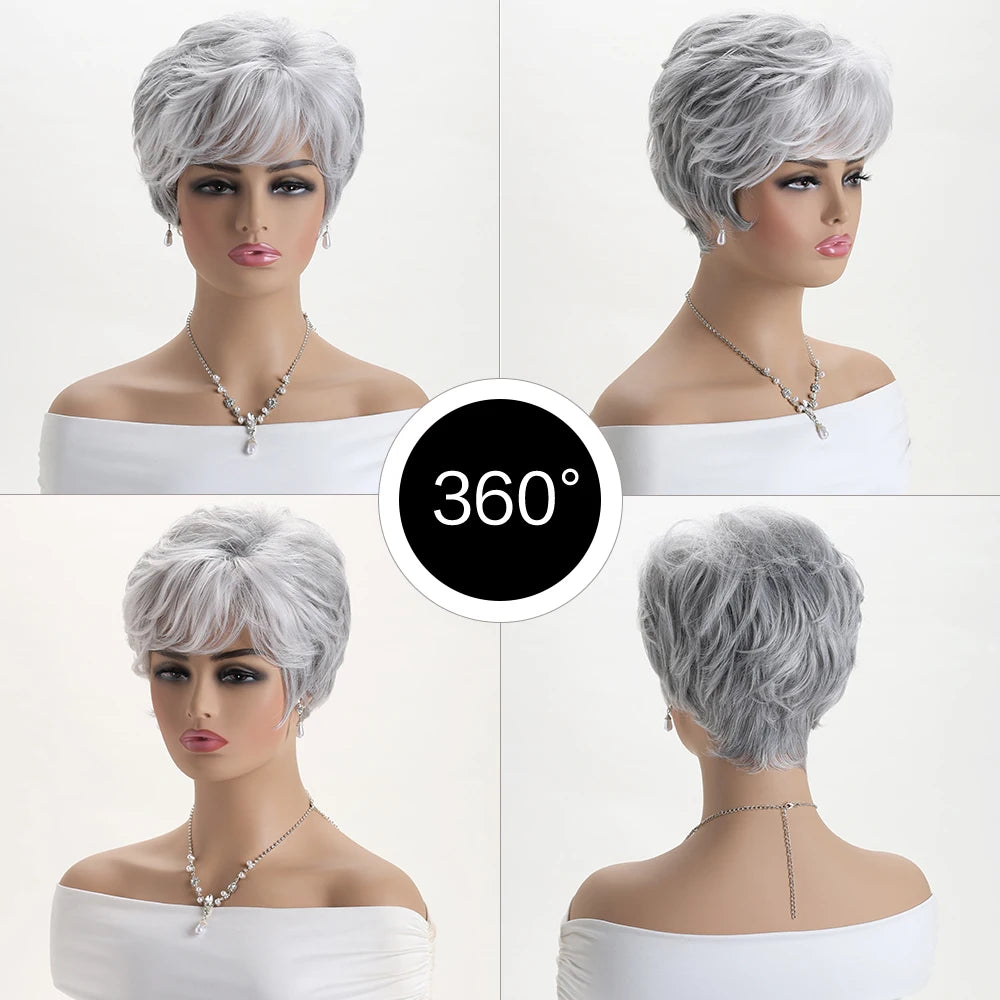 Short Natural Wigs with Bangs Soft Mommy Hair Daily Use Short Grey Ombre Curly Synthetic Hair Costume Party Wig for Women