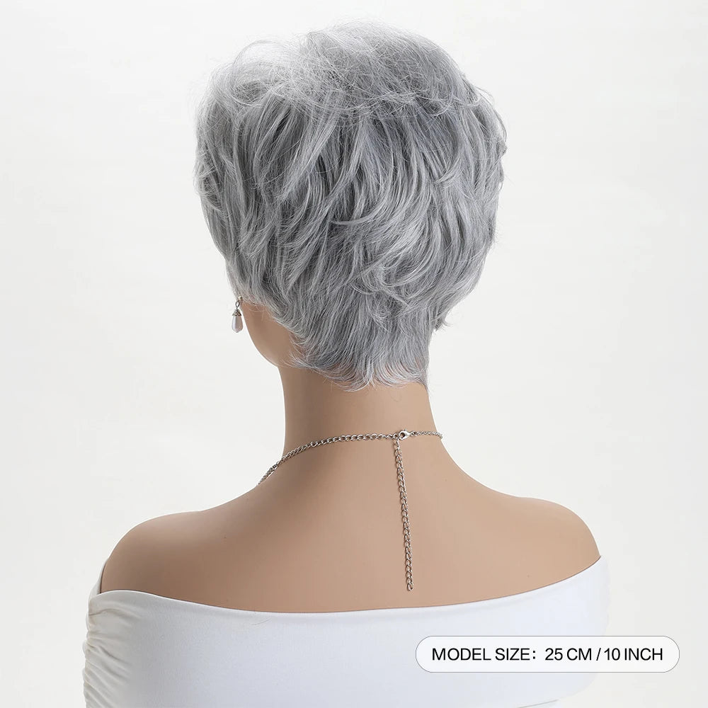 Short Natural Wigs with Bangs Soft Mommy Hair Daily Use Short Grey Ombre Curly Synthetic Hair Costume Party Wig for Women