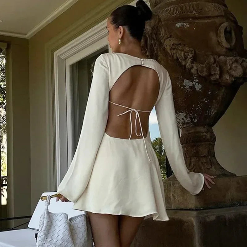 Tuularose Satin Backless Dress Women's Sexy Hollow Lace Up Long Sleeve A-Line Short Dress Elegant Swing Neck Party Evening Dress