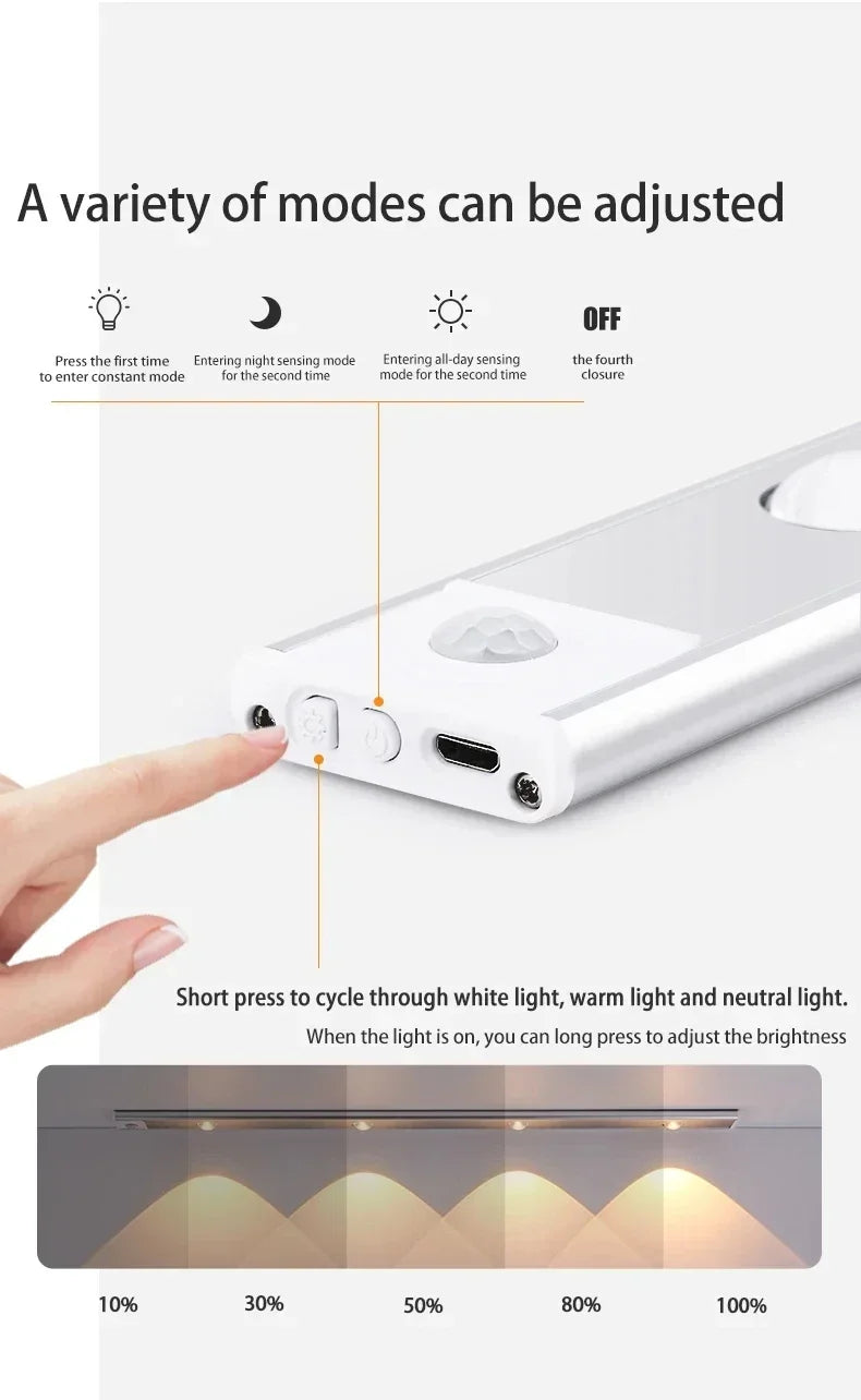 Motion Sensor LED Bar Light Rechargeable Cabinet Light 3 Colors Dimming  Kitchen Light for Closet Wardrobe Stairs 20/30/40/50cm