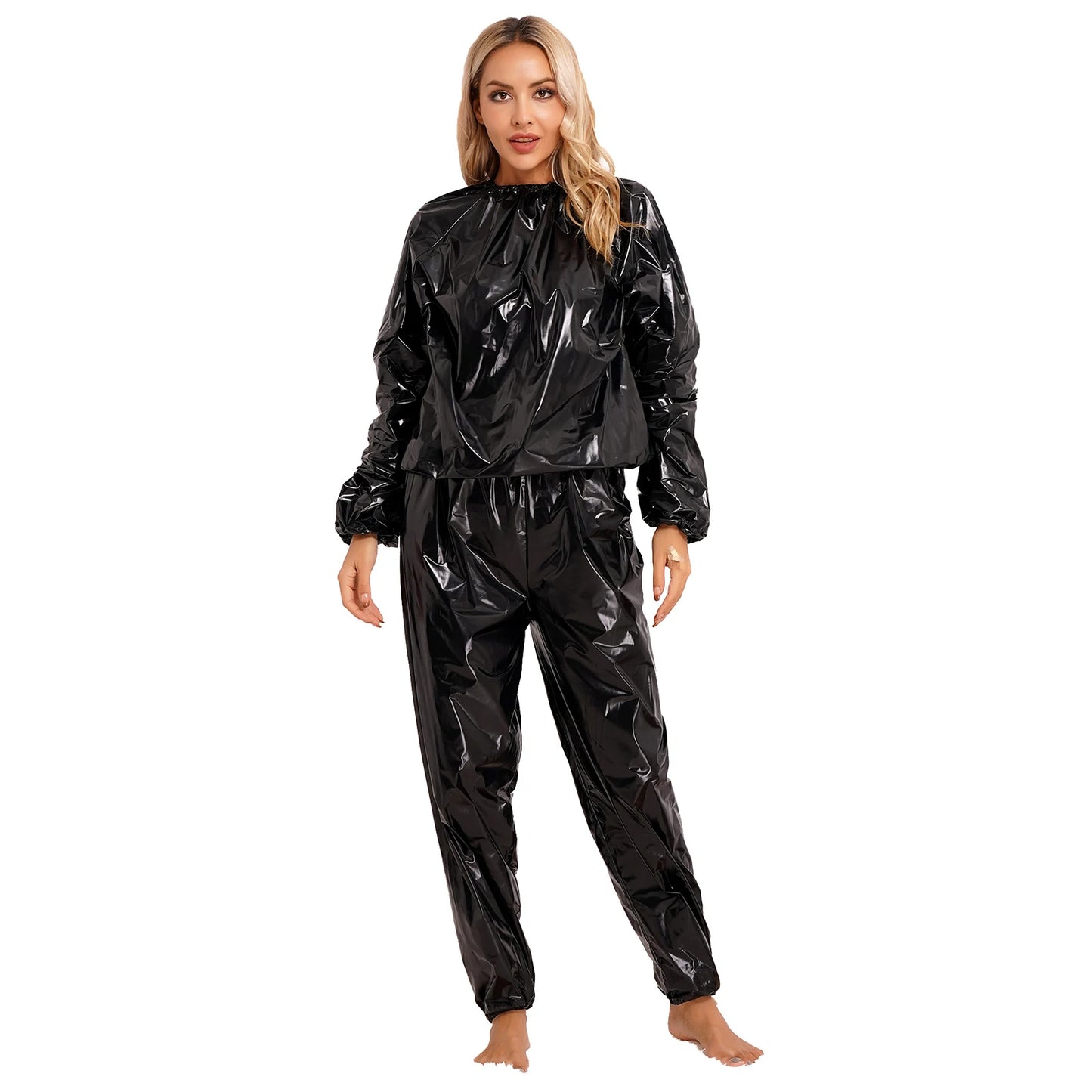 2Pcs Women Sauna Suit PVC Long Sleeve Elastic Cuff Top Pants Set Fitness Gym Workout Outfit Sweat Suits for Adults Clothes Sets