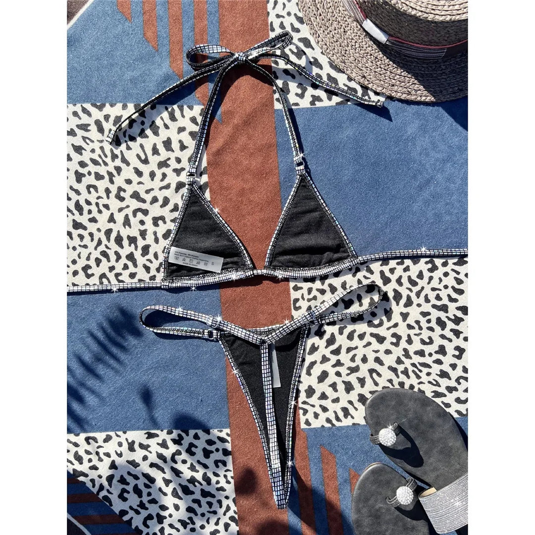 Silver Sequin Extreme Mini Micro Thong Bikini Female Swimsuit Women Swimwear Two-piece Bikini set Bather Bathing Suit Swim V4394