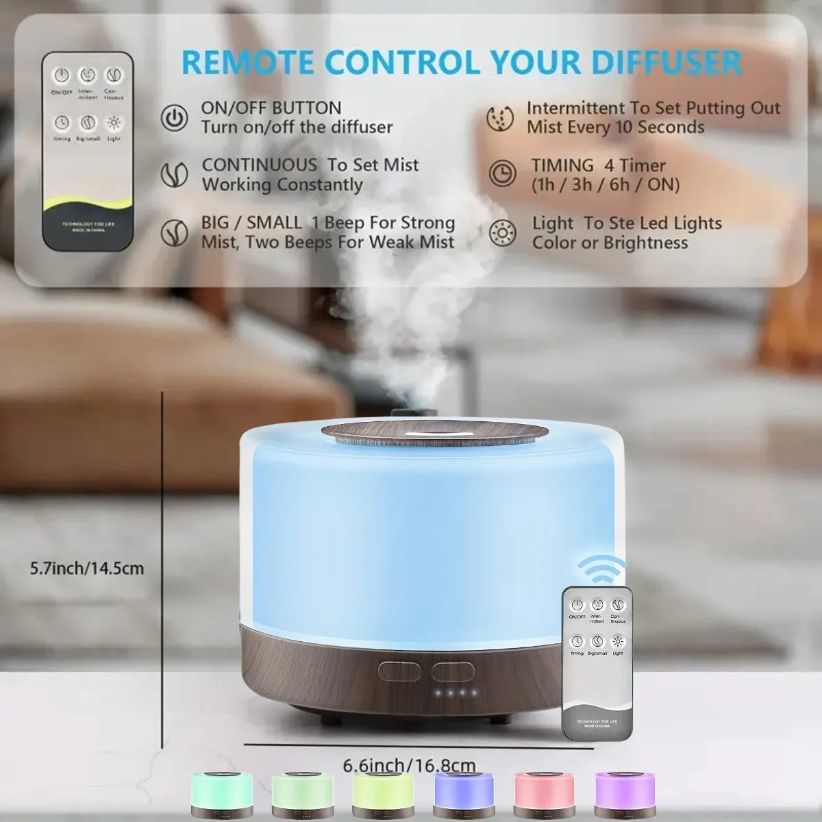 Diffuser For Home Smart Aromatherapy Diffuser 500ml Wood Design Ultrasonic Humidifier w/ Remote 7 LED Colors 6 Essential Oil
