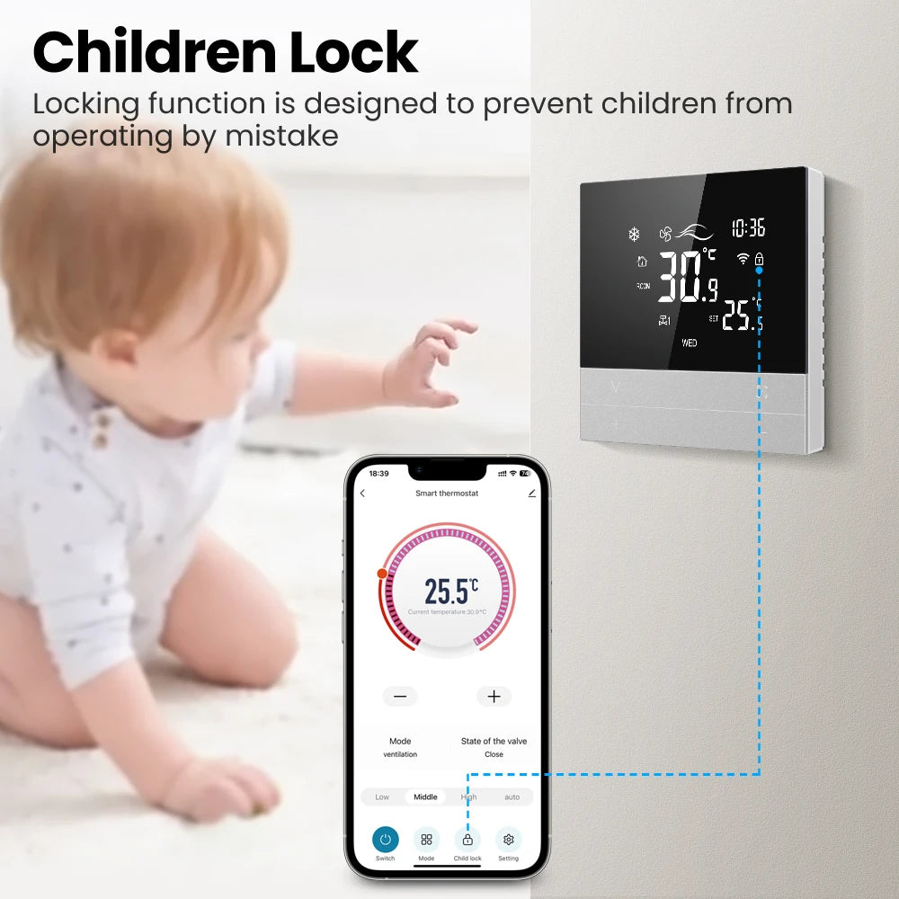 AVATTO Tuya WiFi Smart Central Air Conditioning Thermostat,Heating And Cooling Function 3 Speed Fan Coil For Alexa Google Home