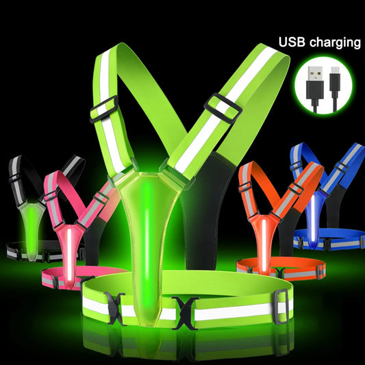 High Visibility Safety Reflective Vest USB Rechargeable LED Running Light Adjustable Cycling Vest Night Warning Work Sports Vest