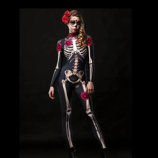 Girls Rose Skeleton Costume Ghost Bride Jumpsuit Halloween Printed Skeleton Dress Up Costume Ladies Scary Cosplay Costume