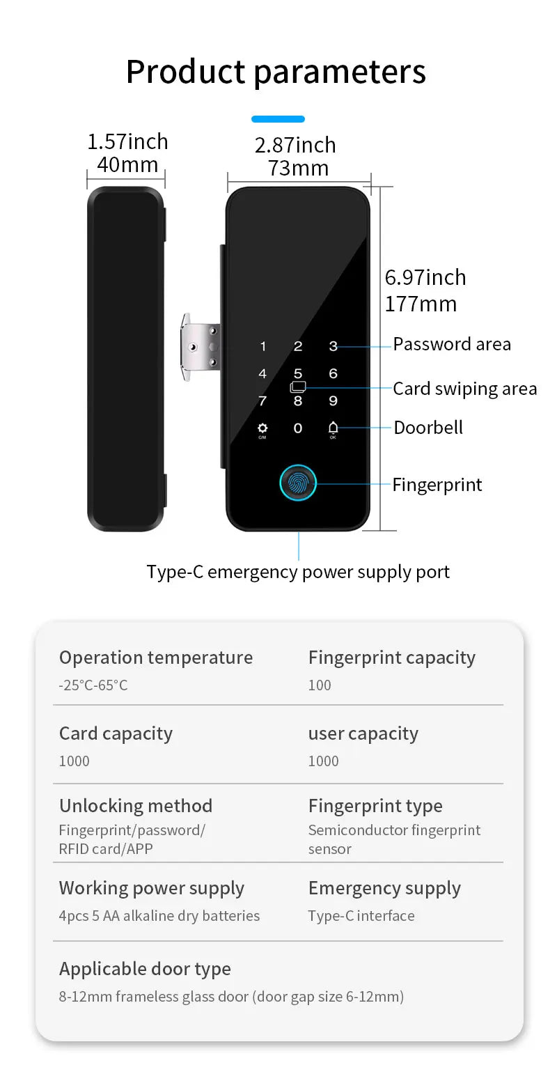 Tuya APP Glass Door Fingerprint Lock Bluetooth Smart Biometric Electronic Office Glass Door Lock 13.56Mhz RFID IC Keyless Unlock