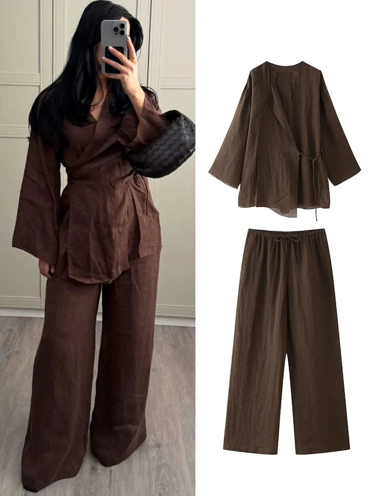 RAFZNB Wide Leg Pants Sets 2 Pieces Women Fashion Lace Up Kimono Tops Women's Suit Two Piece Set Spring Women Outfit