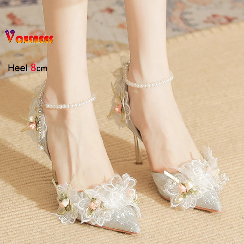 Women's Pumps Elegant Lady Evening Party Dress Prom Shoes 8CM Lace Flower Pearls Single Shoes Spring Summer Pointed High Heels