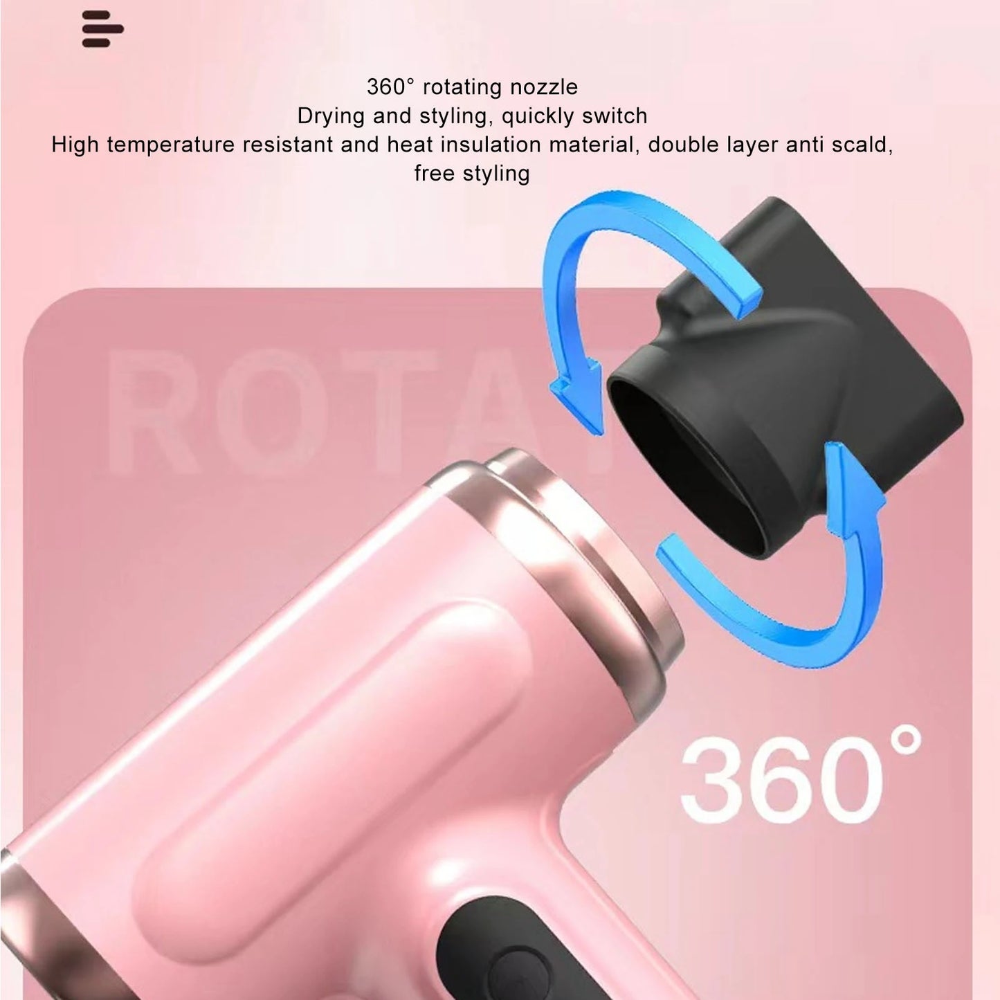Hot and Cold Air Hair Dryer 15000mAh 200W Lightweight Multi Modes Portable Hair Dryer Ergonomic Grip with Nozzle for Travel