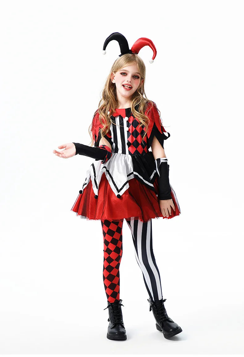 Naughty Girls Clown Costume Kids Circus Scary Tutu Dress Halloween Cosplay Costumes Carnival Party Jester Dress Up Full Set