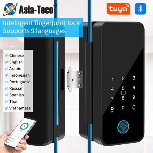 Tuya APP Glass Door Fingerprint Lock Bluetooth Smart Biometric Electronic Office Glass Door Lock 13.56Mhz RFID IC Keyless Unlock