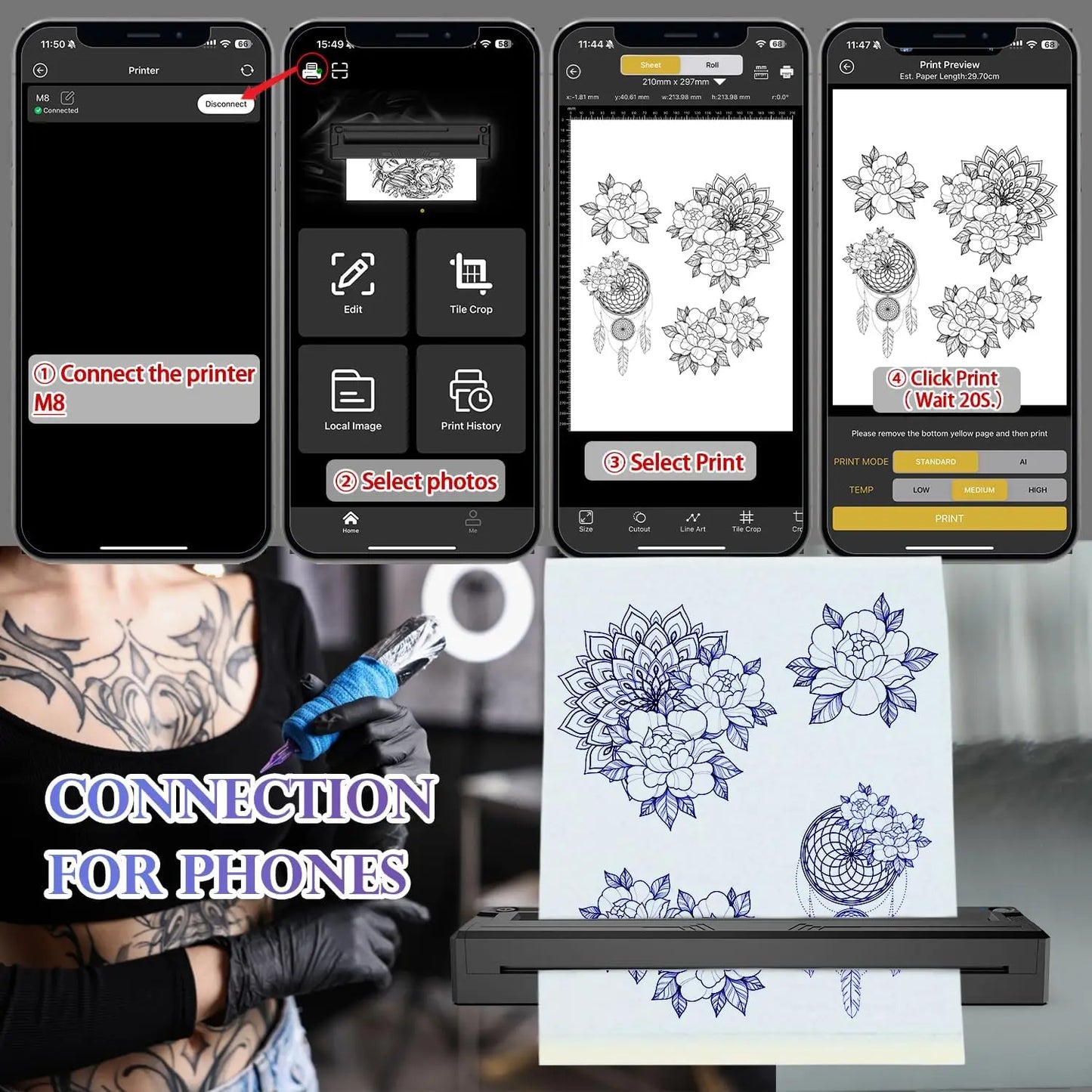 Portable Bluetooth Thermal Tattoo Printer Inkless M8 Beginners&Pros Wireless Tattoo Stencil Printer Suitable for Phone/Tablet/PC