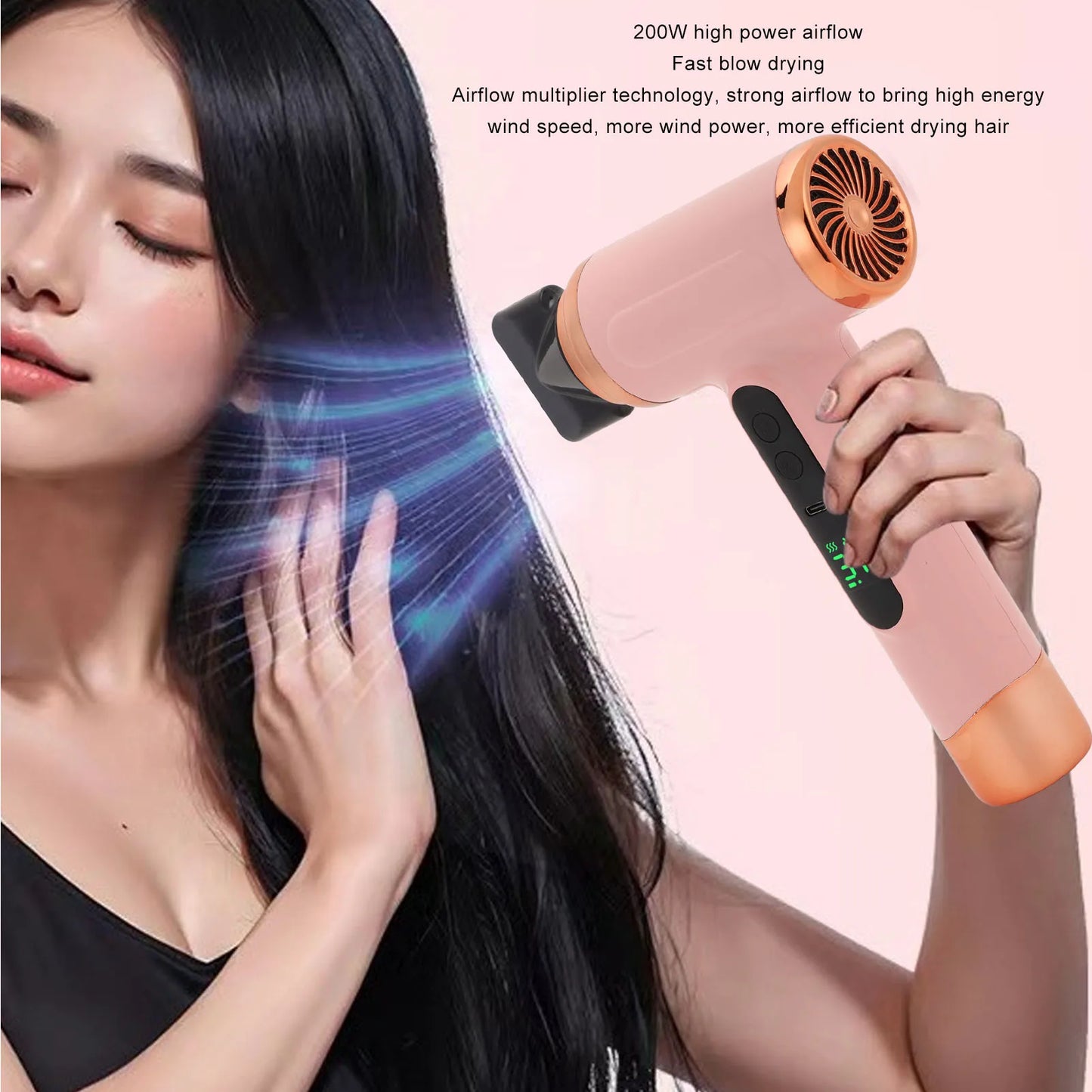 Hot and Cold Air Hair Dryer 15000mAh 200W Lightweight Multi Modes Portable Hair Dryer Ergonomic Grip with Nozzle for Travel