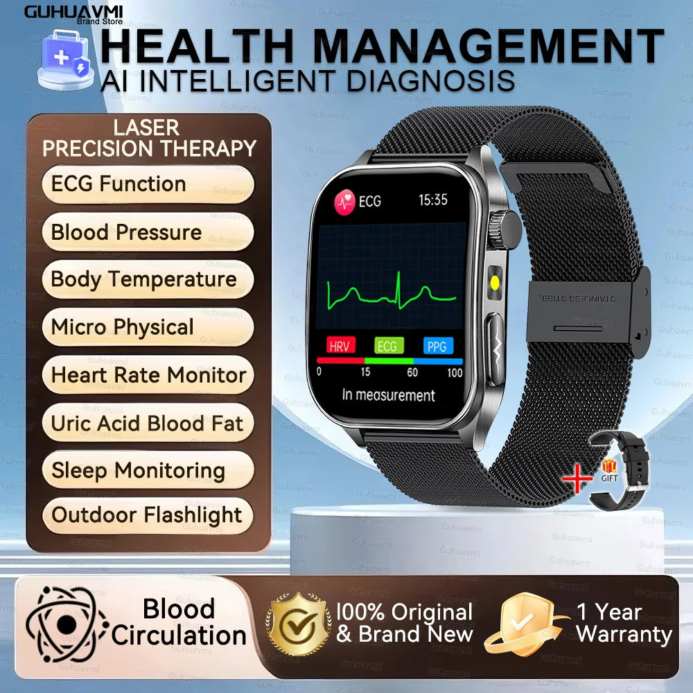 2025 New Mcro Phsical Examination 650nm Laser Therapy ECG Urci Acid Blood Fat Smart Watch Men Blood Pressure Heart Rate Bracelet