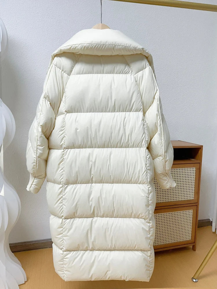 Schinteon Women White Duck Down Long Jacket Autumn Winter Warm Casual Over Size Loose Outwear Soft Comfortable Fashion Coat New