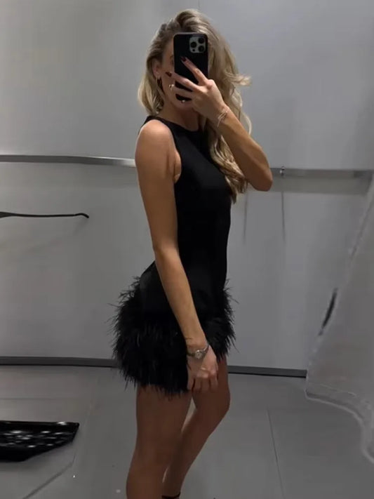 MUJER Feather Mini Dress Women Black Sleeveless Corset Dress Woman off Shoulder Party Dresses for Women Luxury Short Dress