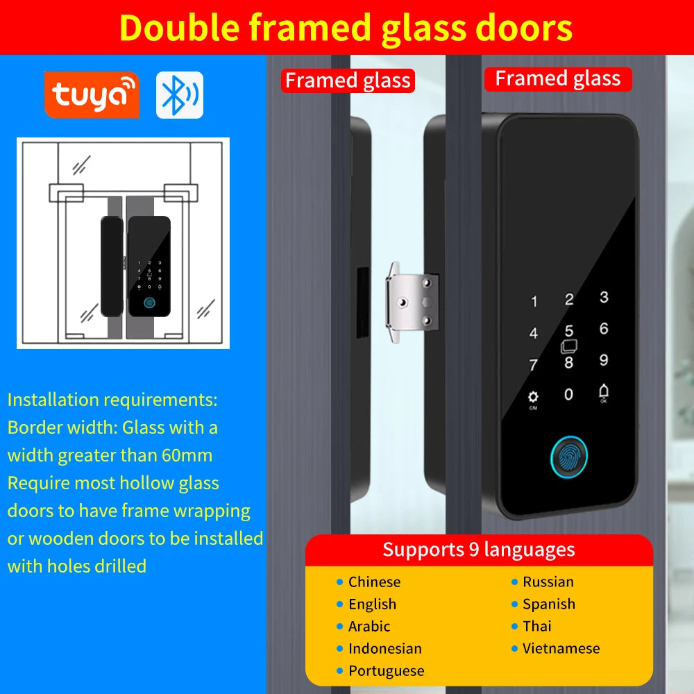 Tuya APP Glass Door Fingerprint Lock Bluetooth Smart Biometric Electronic Office Glass Door Lock 13.56Mhz RFID IC Keyless Unlock