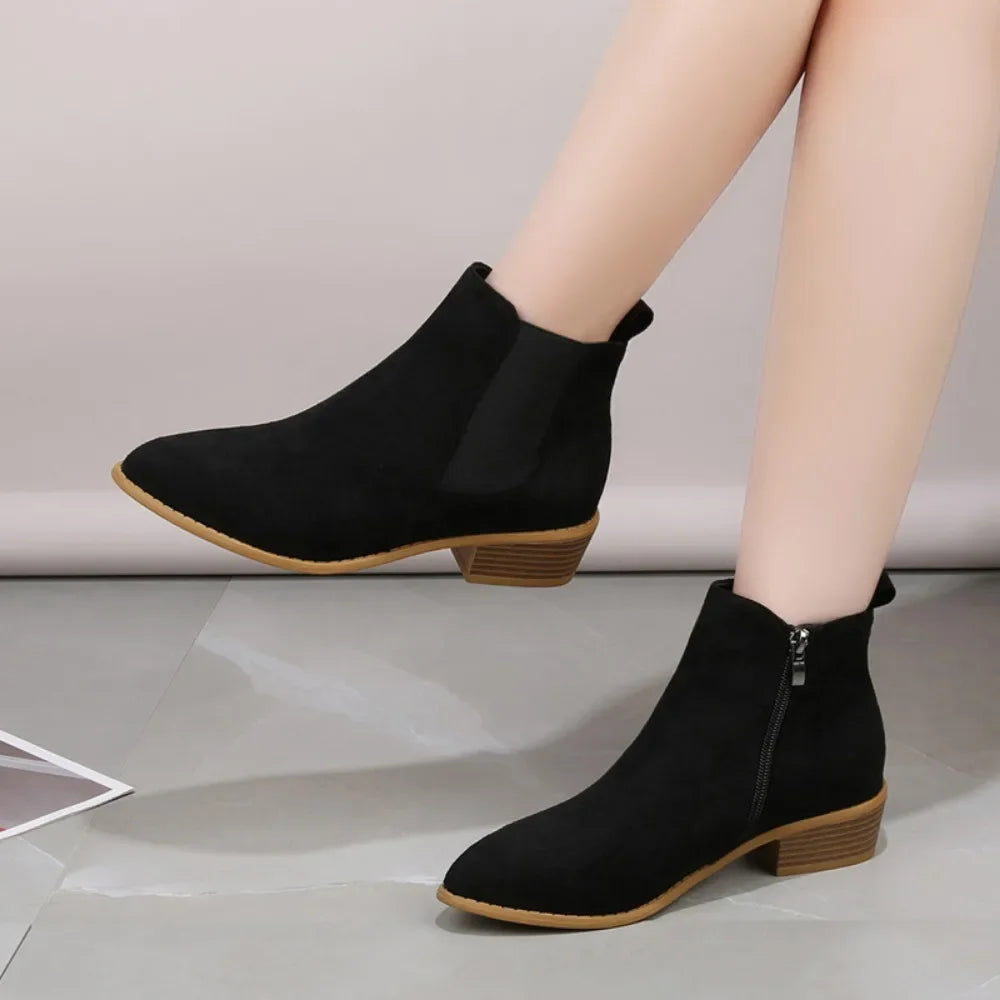 Women's Natural Suede Elastic Patch Low Heel Shoes Autumn and Winter Ankle Boots Square Toe Casual Short Boots Size 36-43