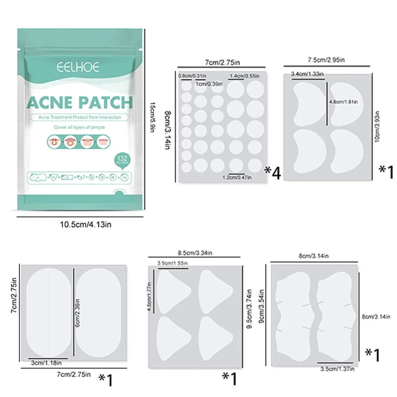 132Pcs Acne Pimple Patches Skin Blemish Treatment Patches Professional Face Cleaning Care Invisible Large Hydrocolloid Sticker