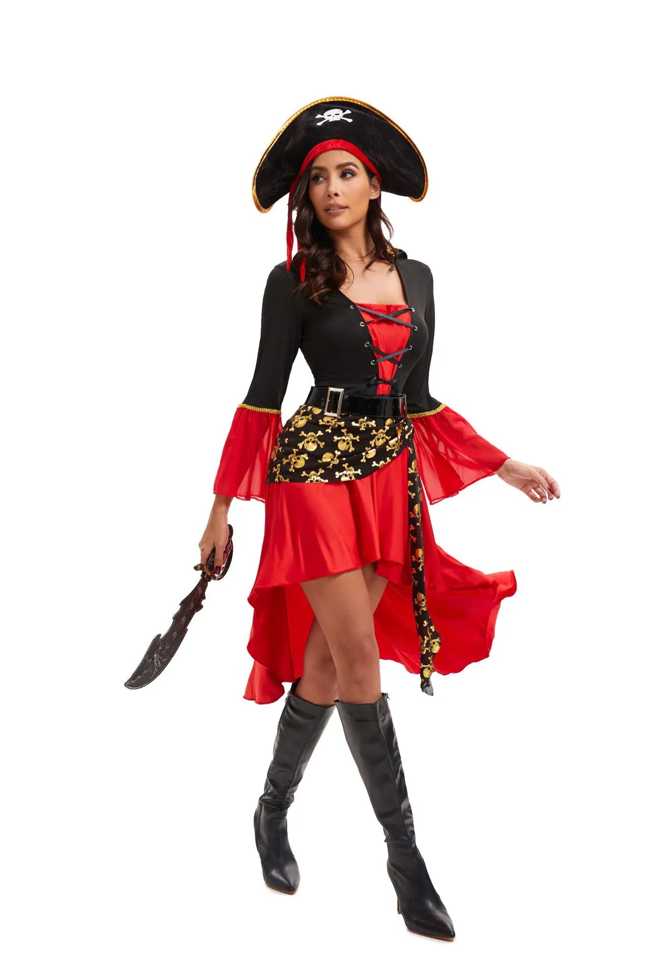 S-3XL Black Red Dress With Belt Pirate Hat Role Playing Cosplay Costume Halloween Women Sexy Underwear With Long Sleeves