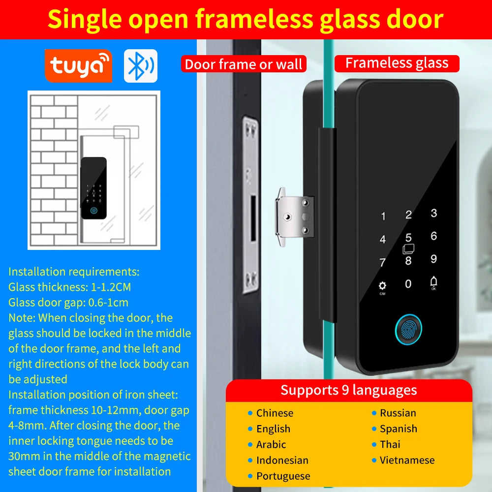 Tuya APP Glass Door Fingerprint Lock Bluetooth Smart Biometric Electronic Office Glass Door Lock 13.56Mhz RFID IC Keyless Unlock