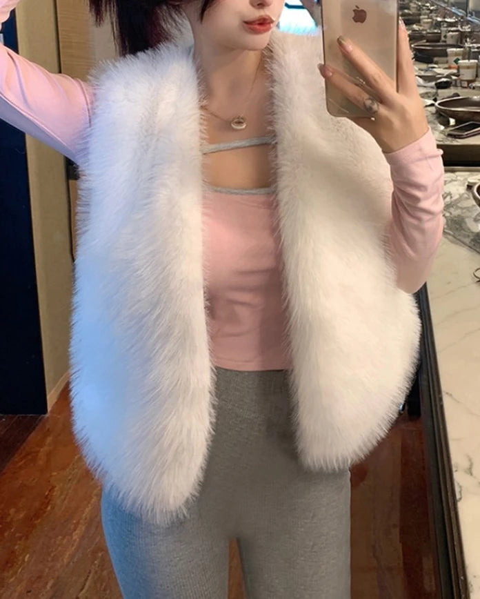 Women Vest Autumn New Solid Color Open Front Sleeveless Faux Fur Vest Coat Soft Winter Warm Casual Jacket Outwear