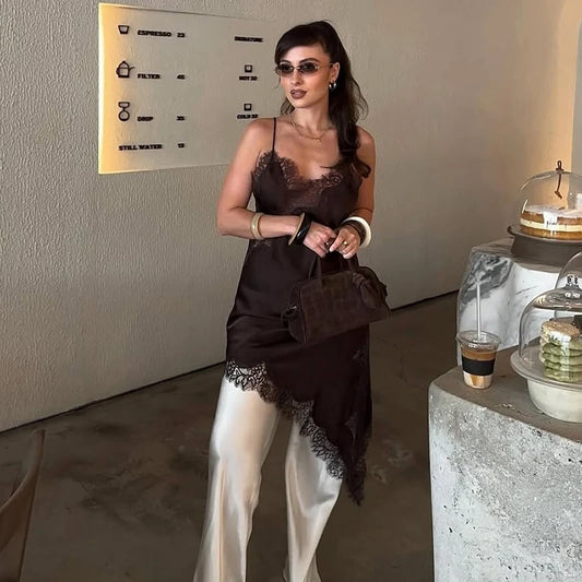 Sexy Irregular Satin Lace Dress Women Fashion V Neck Hem Suspender Mini Dresses 2025 New Fashion Party Vestidos Camisole Dress