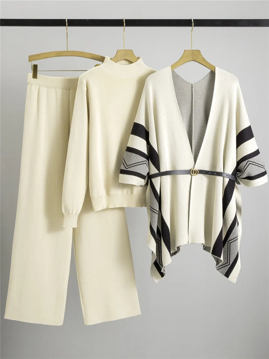 Korean Elegant Knitted 3 Piece Sets Women Sweater Pullover+chic Design Shawl Tops Conjuntos High Waist Wide Leg Pants Outfit New